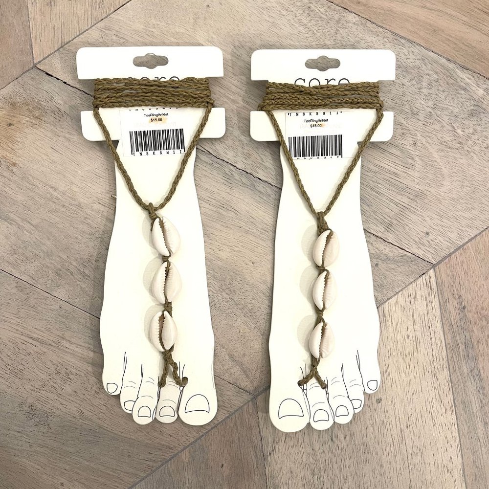 Set of Two Cowrie Shell Toe Wrap Anklets